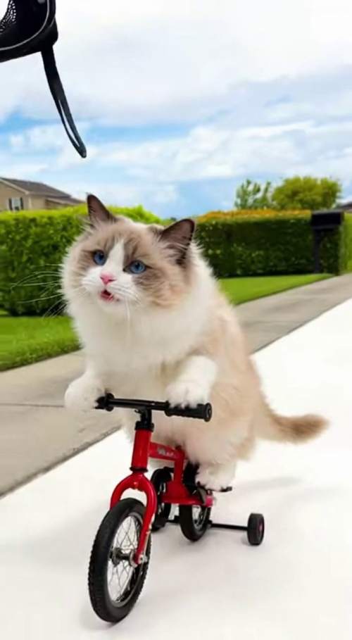 布偶猫骑车滑稽追逐与背带救援