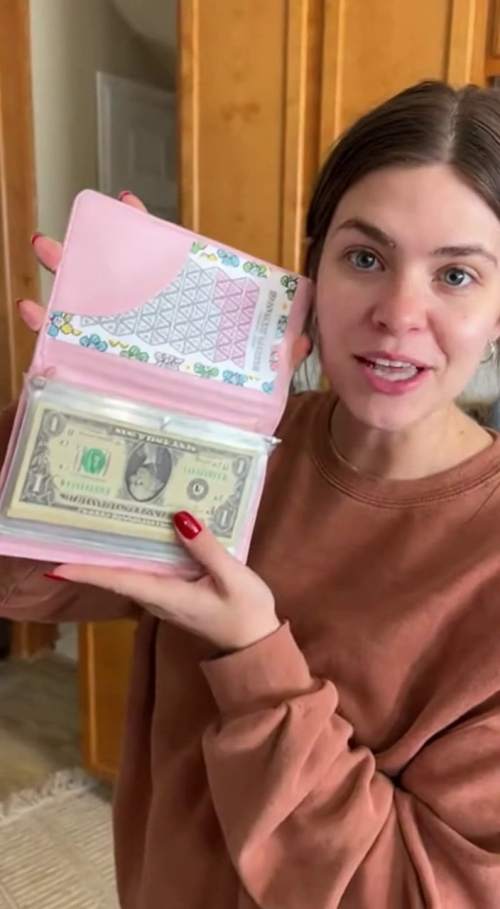 厨房里女性展示100信封储蓄夹